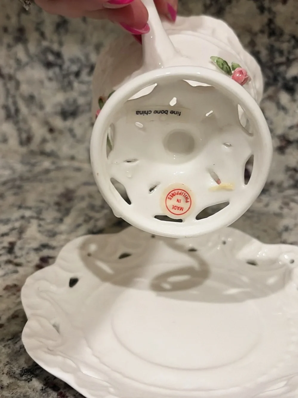White Ceramic Pedestal Teacup and Saucer with Pink Rose Accents